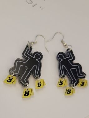 Crime Scene Chalk Outline Earrings with Numbered Evidence Charms
